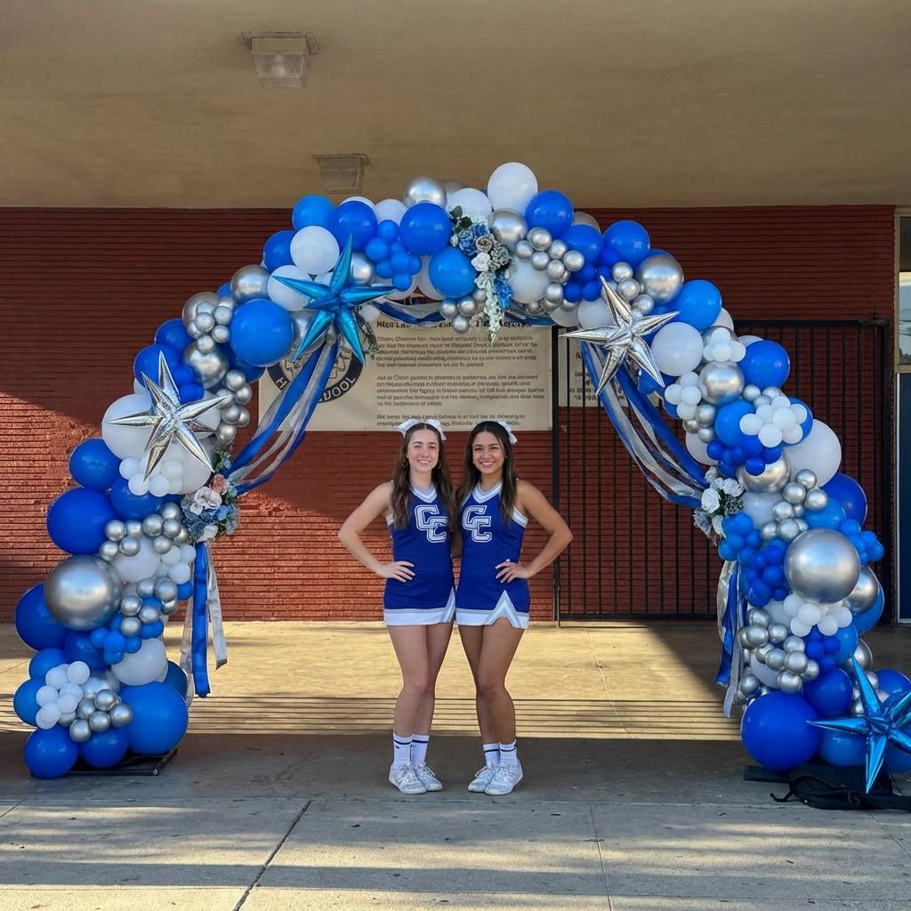 School-color balloon arch for an LA graduation or sports celebration