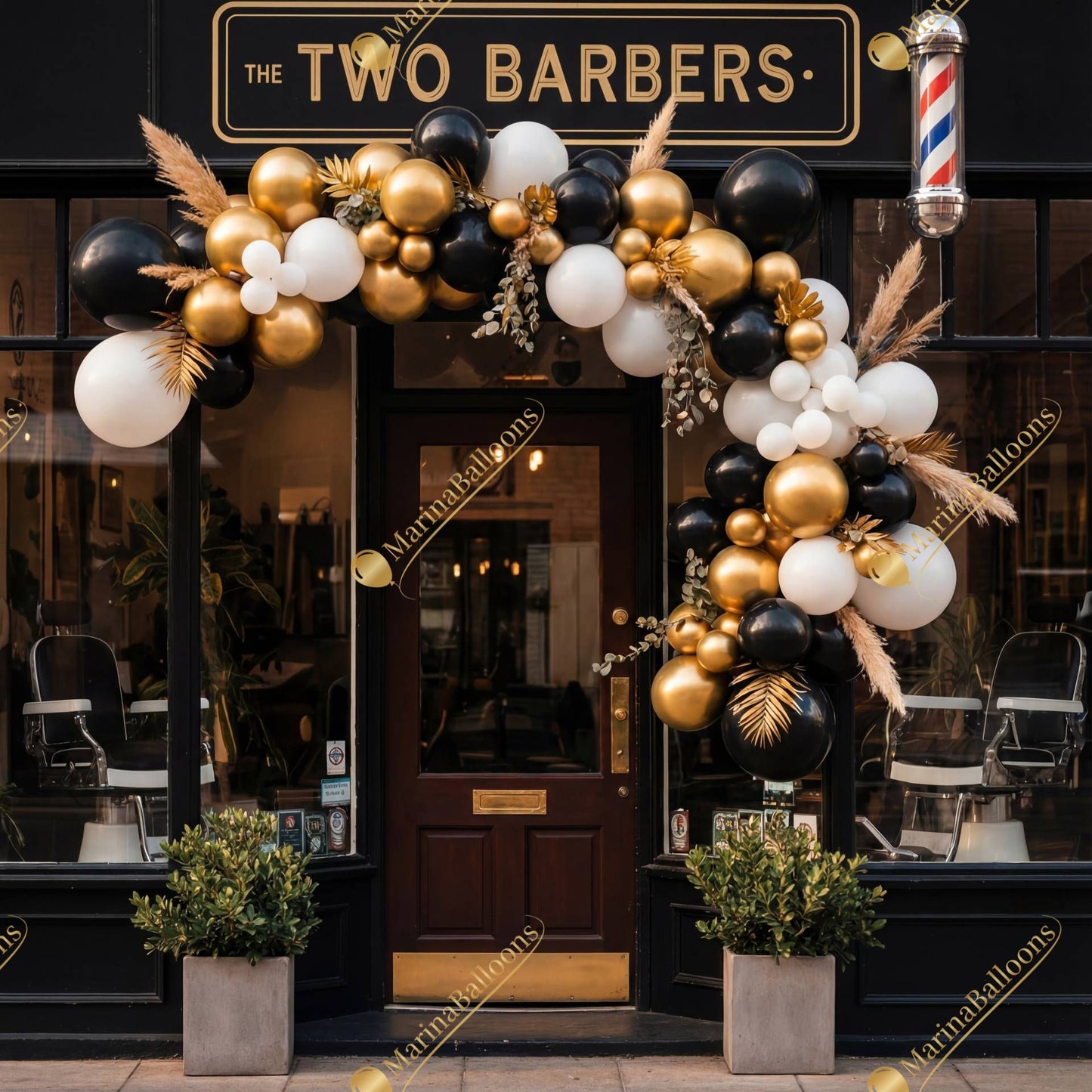 A bold black-gold-white balloon garland with luxe accents - perfect for storefronts, grand openings, and upscale businesses.