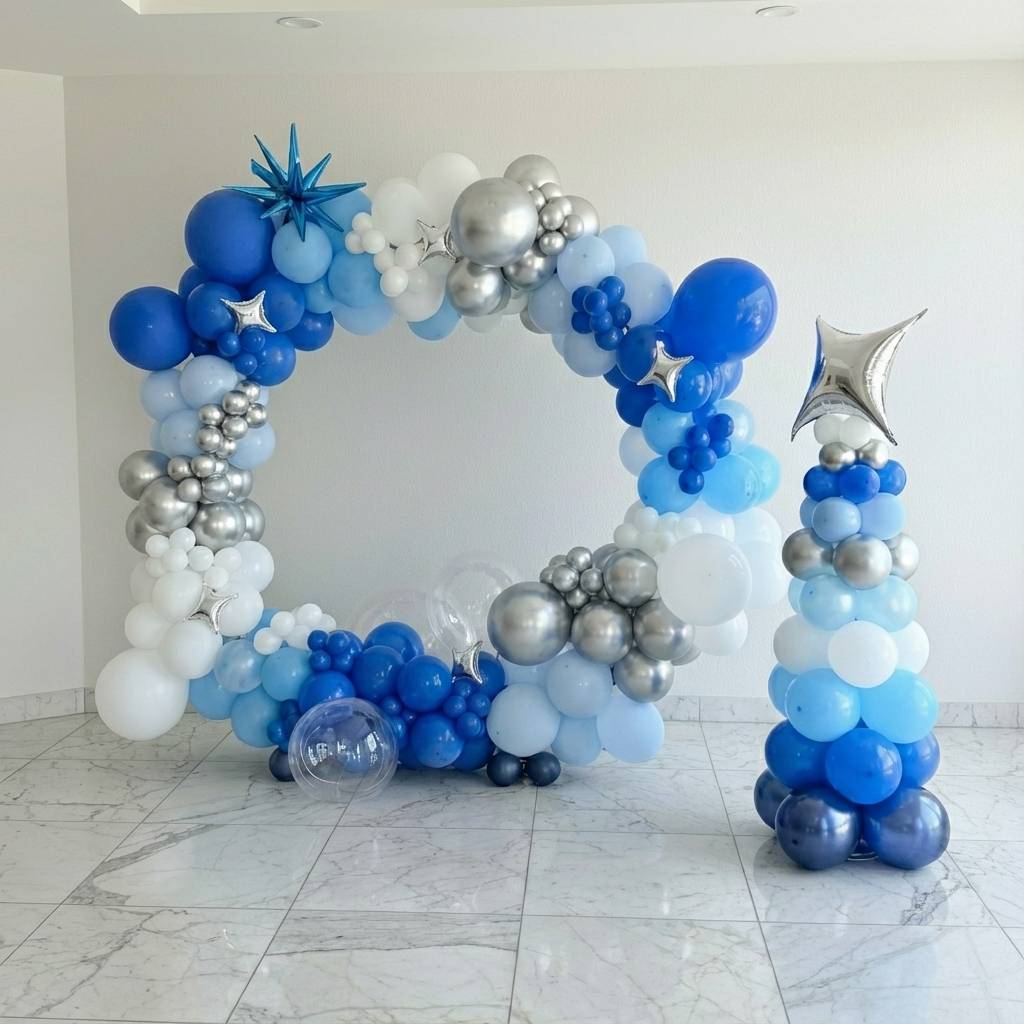 A modern circular backdrop in icy blues and silver. Perfect for birthdays, baby showers, and winter-themed events. Clean, bright, and highly photogenic.