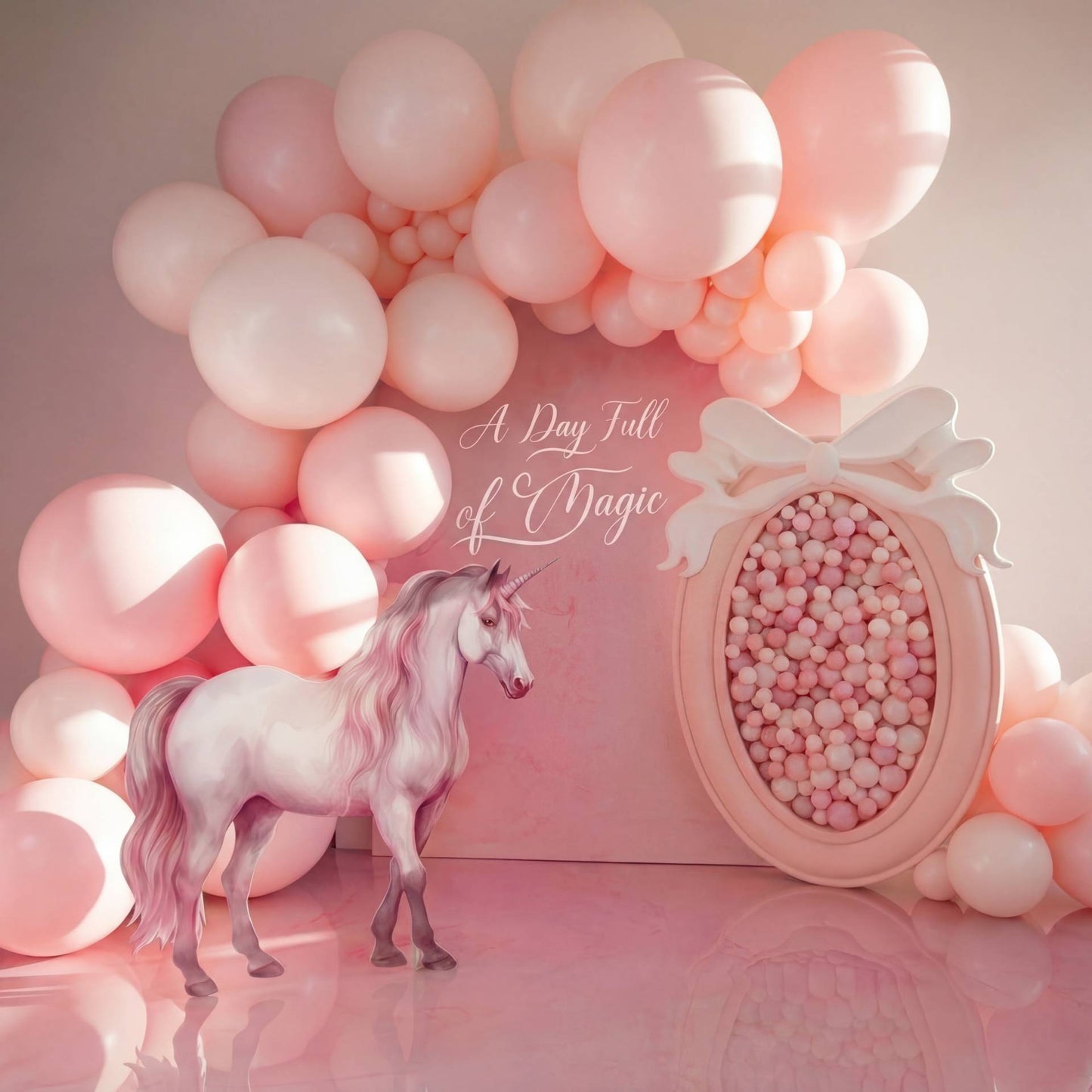 A soft pink magical setup with dreamy balloons and a graceful unicorn - the perfect backdrop for a fairytale birthday.