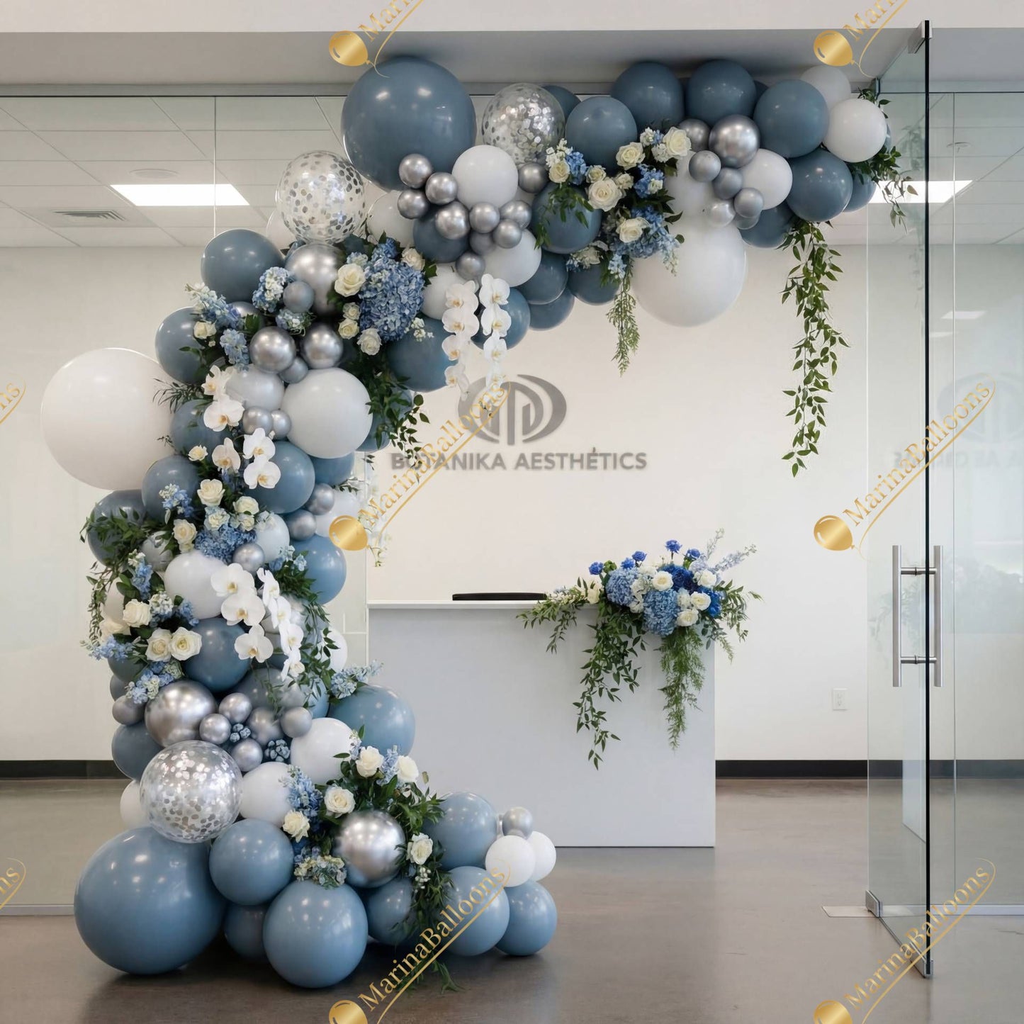 A sophisticated white-and-blue balloon garland with florals - perfect for grand openings, corporate events, and elegant celebrations.