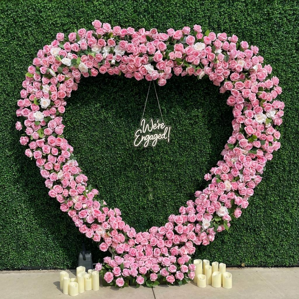 Floral pink heart balloon wall for an LA wedding, engagement, or proposal