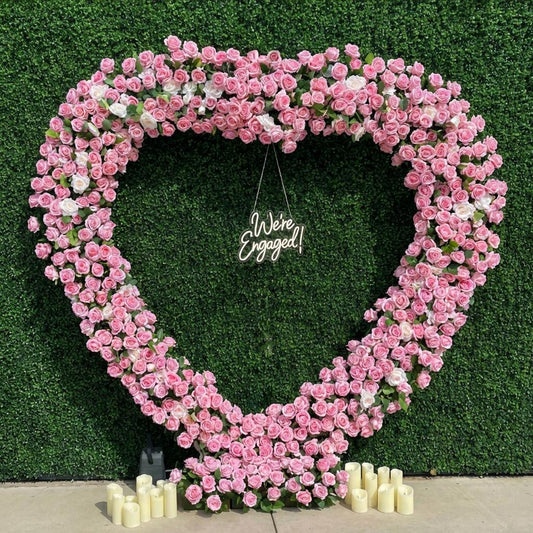 Floral pink heart balloon wall for an LA wedding, engagement, or proposal