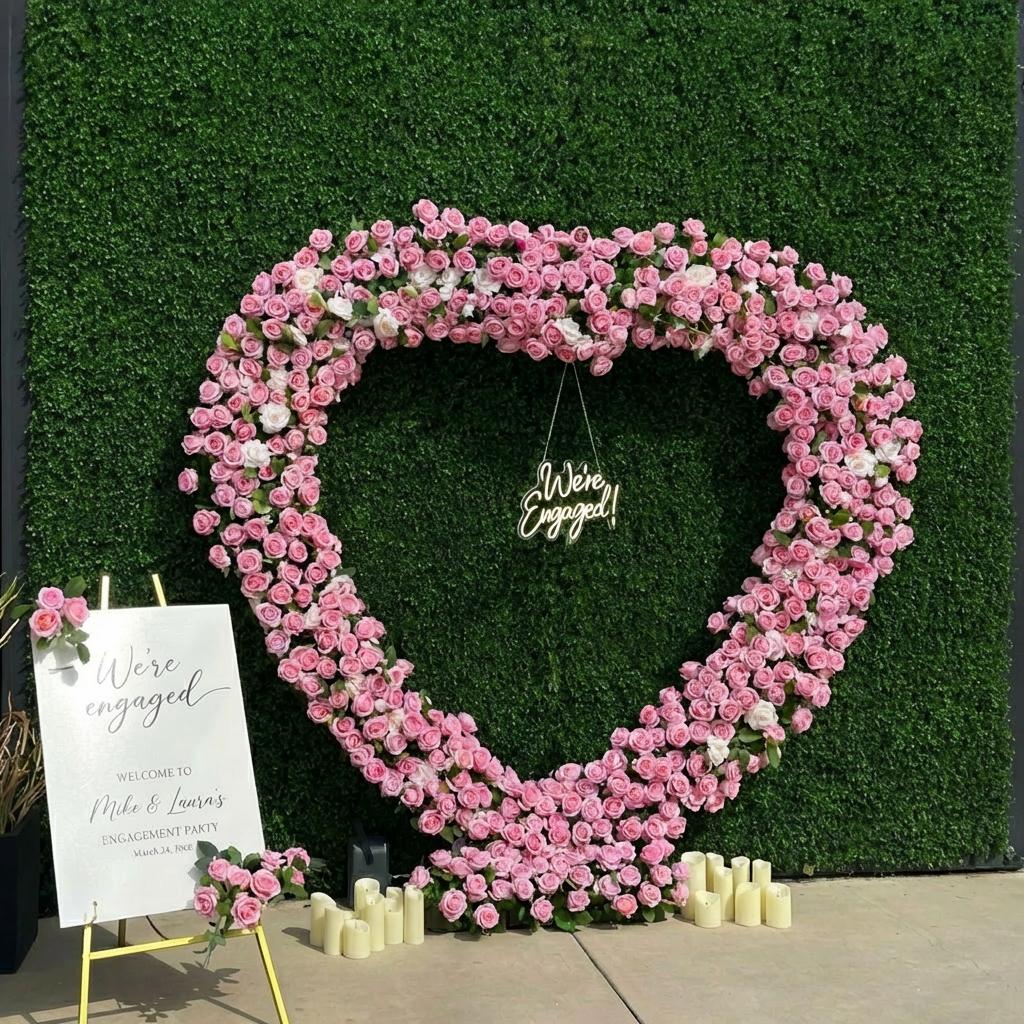 Floral pink heart balloon wall for an LA wedding, engagement, or proposal - view 2