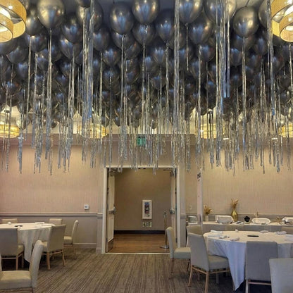 Helium ceiling balloons with long shimmer ribbons for an LA proposal or anniversary - view 2