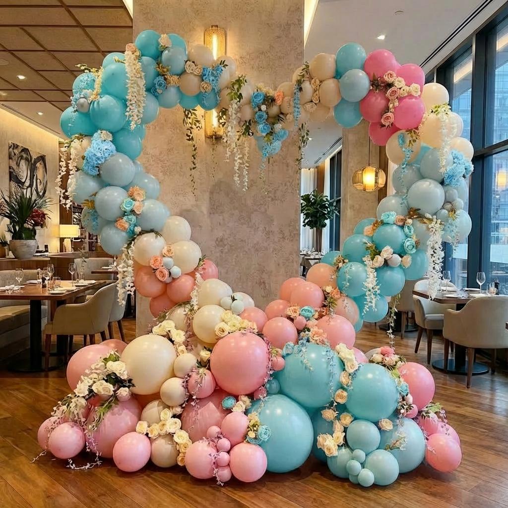 White and pink heart balloon wall for a Westside LA wedding or bridal shower