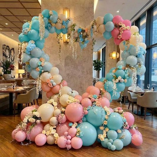 White and pink heart balloon wall for a Westside LA wedding or bridal shower