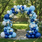 A fresh blue-and-white balloon arch with elegant florals - perfect for outdoor celebrations and photo moments.