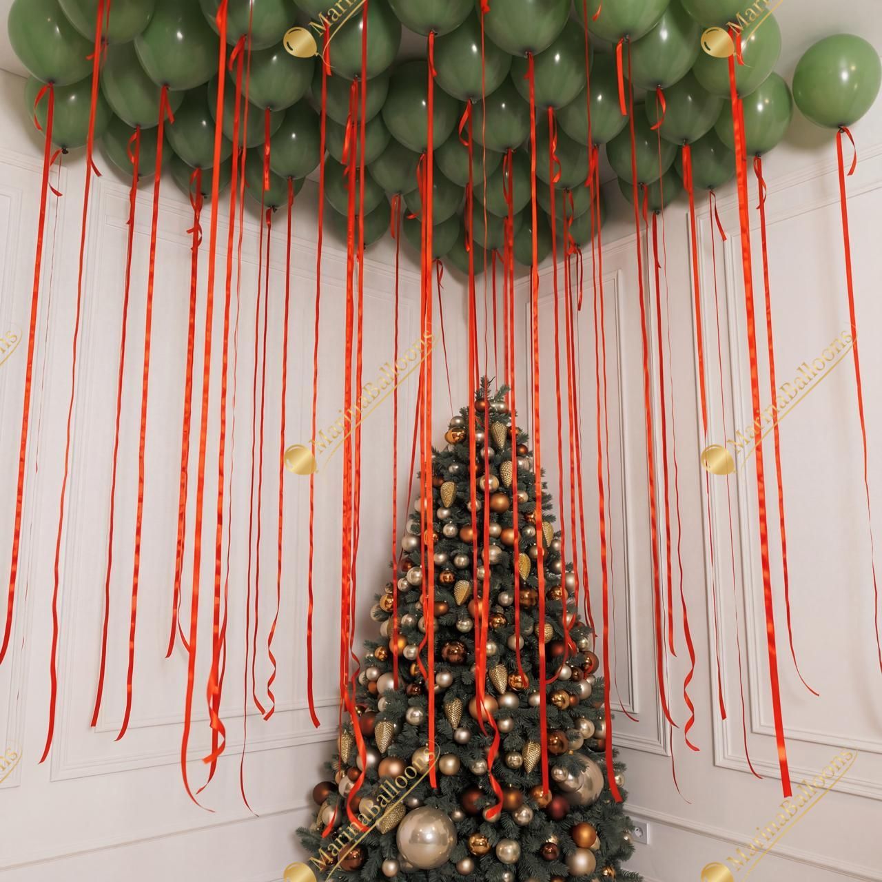 A festive New Year setup featuring floating green ceiling balloons, red satin bows, and a charming balloon Christmas tree. Warm, bright, and instantly joyful - the perfect backdrop for holiday photos and cozy celebrations.