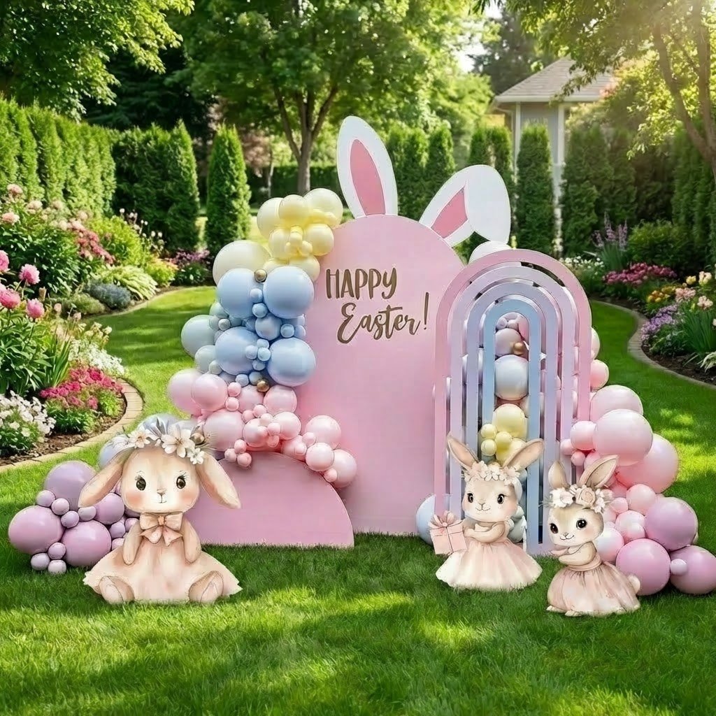 Easter balloon installation with bunny accents and silk florals for an LA family brunch