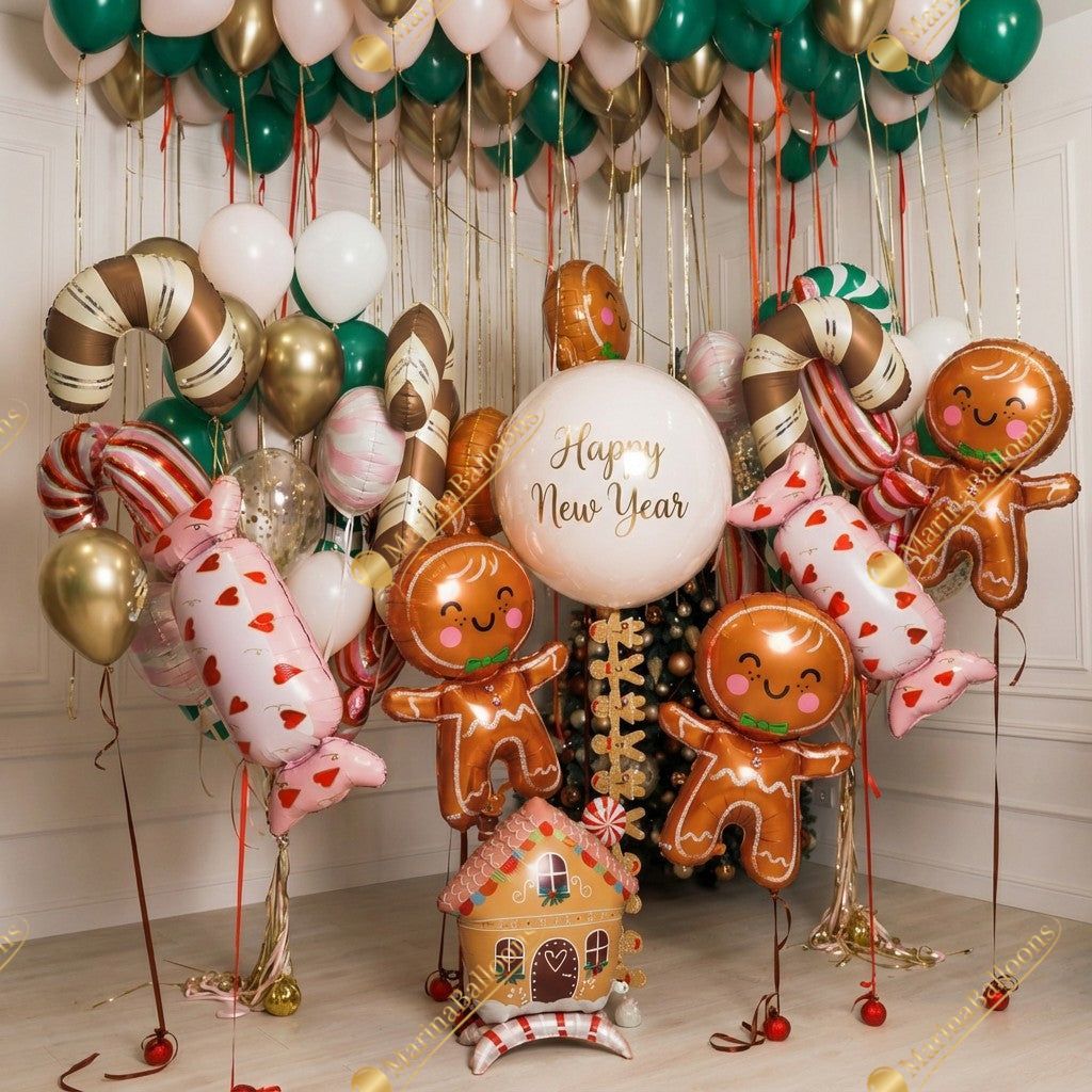 A sweet and festive holiday setup filled with gingerbread characters, candy canes, giant sweets, and floating ceiling balloons in warm Christmas colors. Whimsical, bright, and joyful - the perfect backdrop for New Year celebrations and magical family photos.