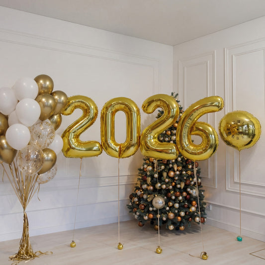 A glamorous New Year setup featuring luxe gold balloons, champagne-themed decor, shimmering confetti accents, and a bright “2026” balloons. Elegant, festive, and perfect for countdown parties, photos, and unforgettable holiday moments.