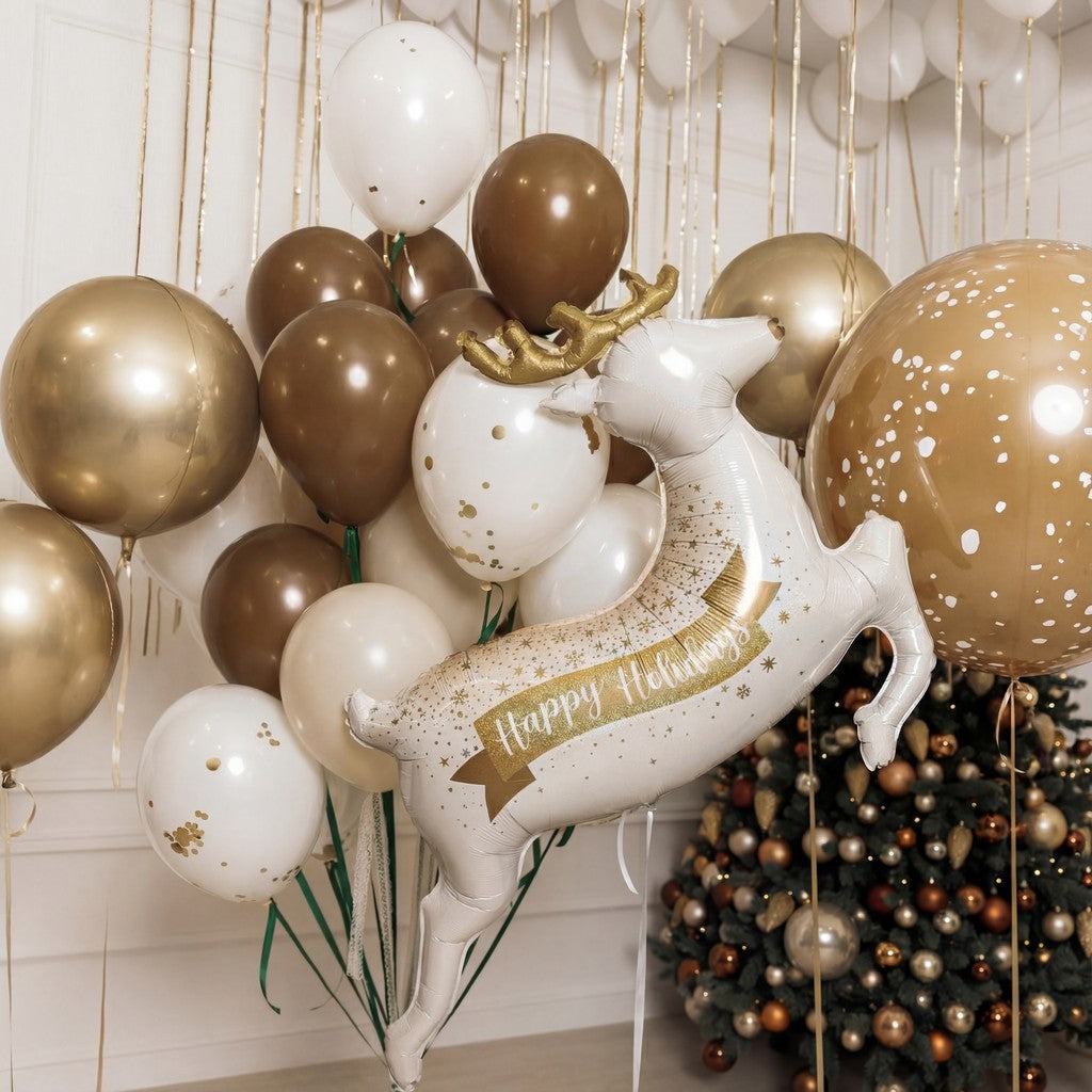 A warm and elegant holiday setup featuring gold-white balloons, shimmering confetti spheres, and a festive reindeer centerpiece. Soft, cozy, and beautifully illuminated - perfect for Christmas photos, home celebrations, and luxury winter events.