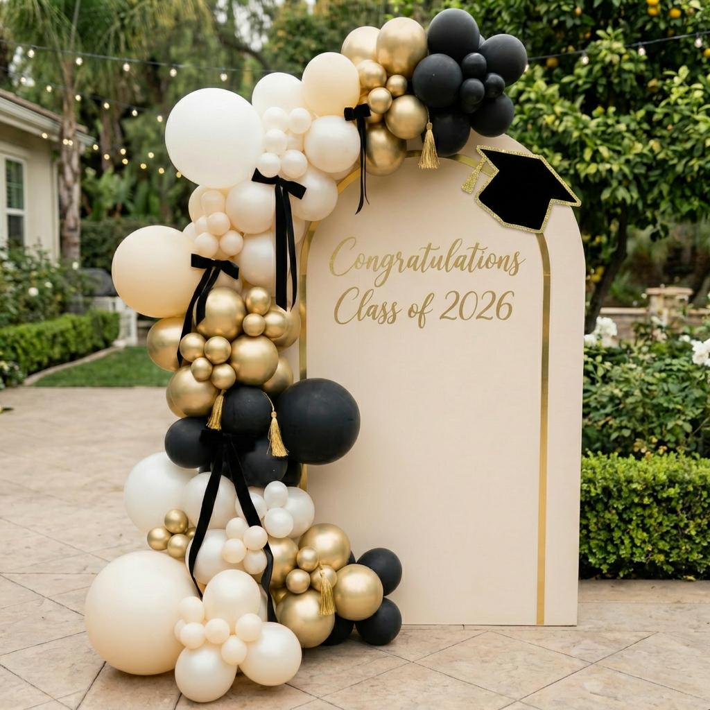 Graduation backdrop setup with balloon arch — LA graduation photo session decor