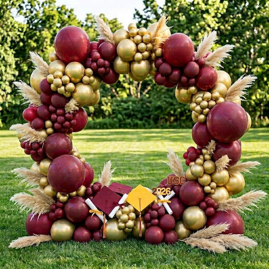 Graduation balloon arch — entry installation for an LA Westside graduation reception