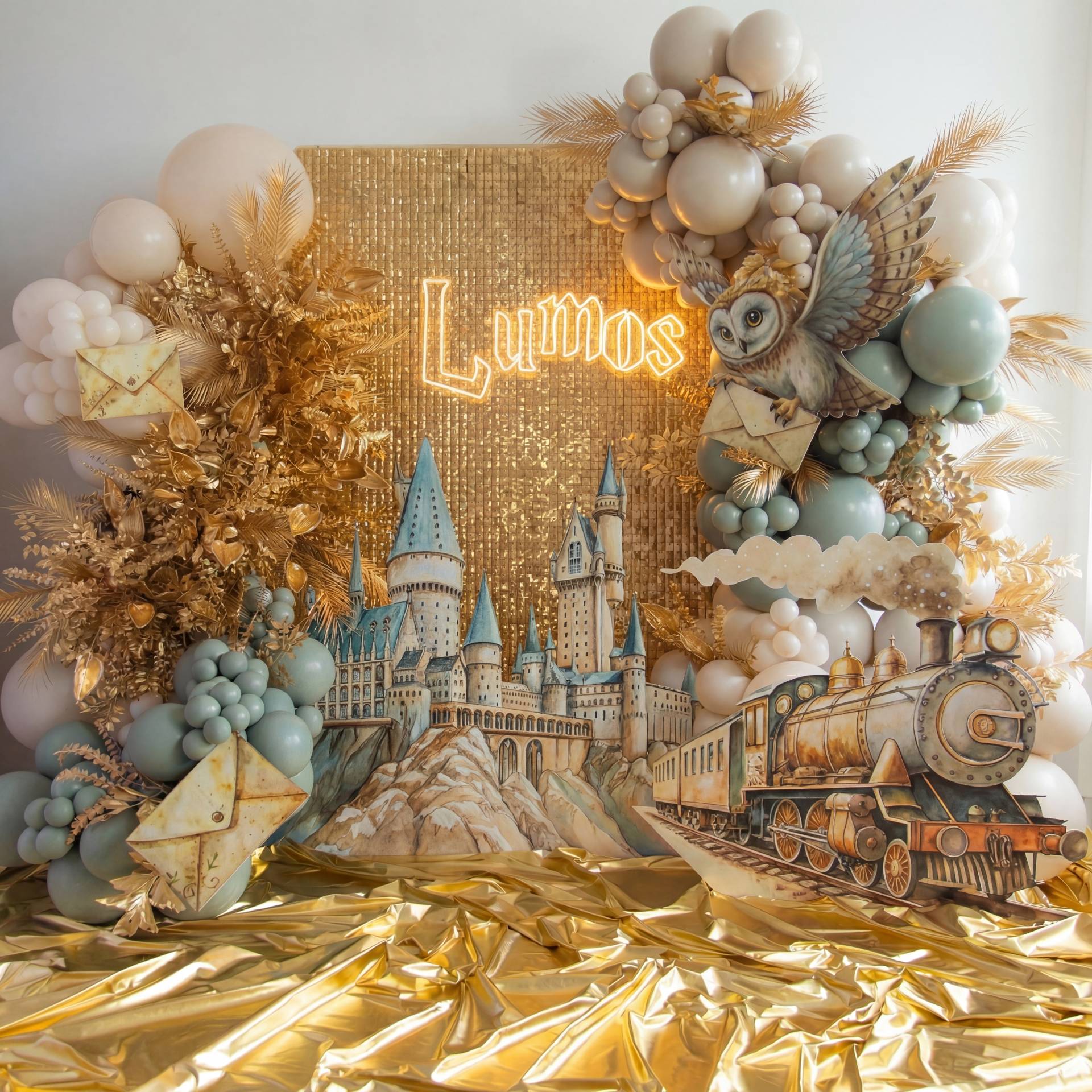 A magical Harry Potter–inspired birthday setup with Hogwarts, golden accents, pastel balloons, and custom themed decor - the perfect centerpiece for any true wizarding fan.