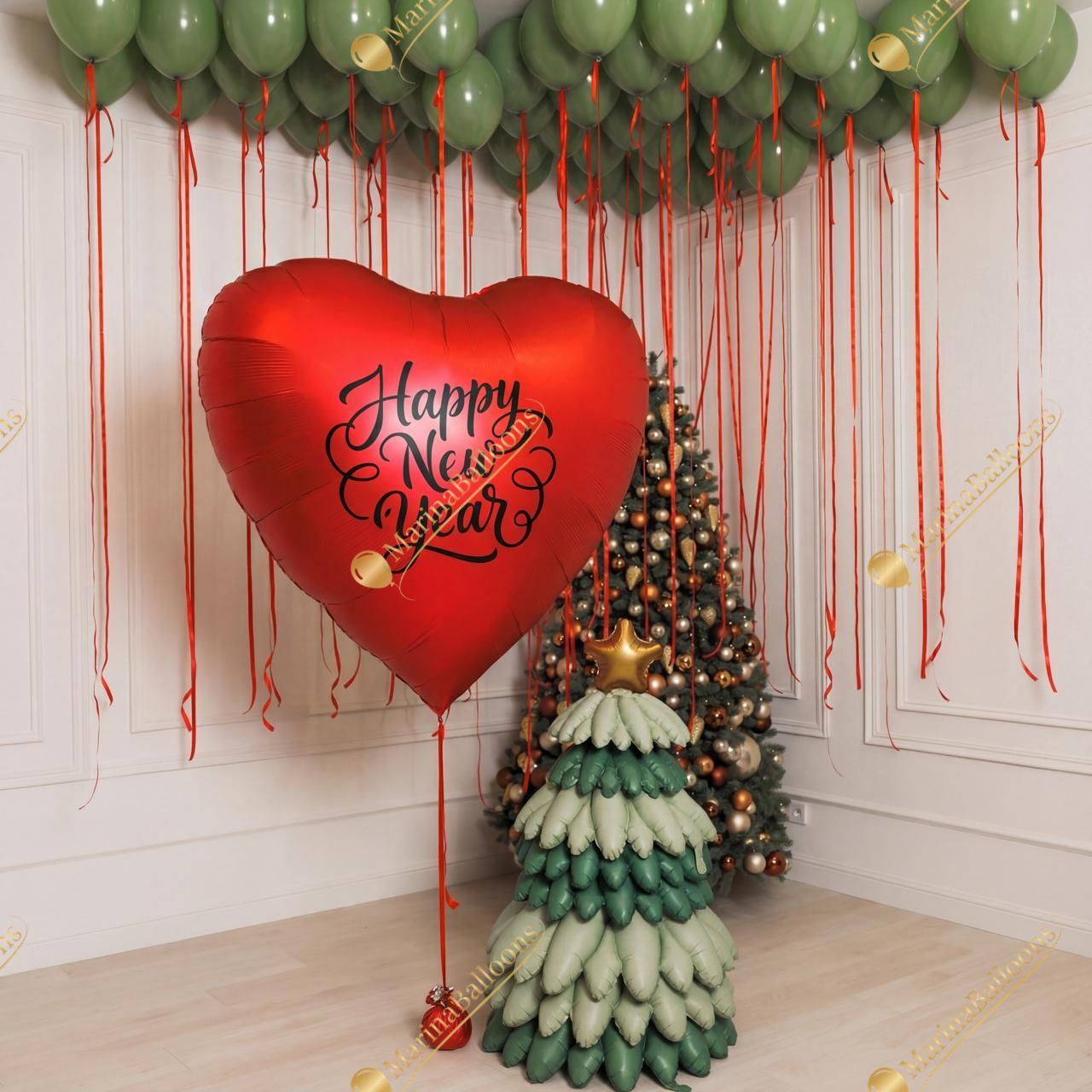 A festive New Year setup featuring floating green ceiling balloons, red satin bows, and a charming balloon Christmas tree. Warm, bright, and instantly joyful - the perfect backdrop for holiday photos and cozy celebrations.