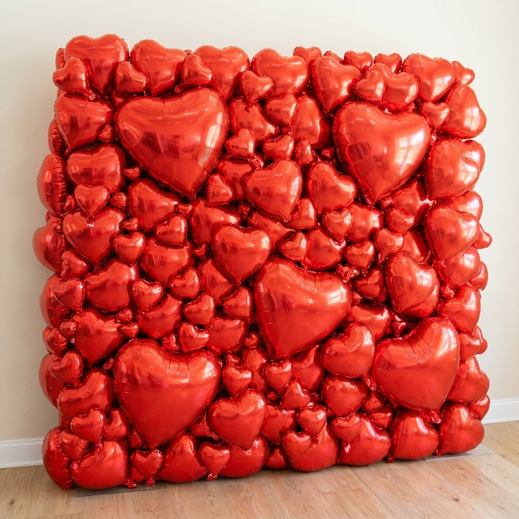 Red and pink heart balloon wall installation for a Valentine's Day photo backdrop in LA