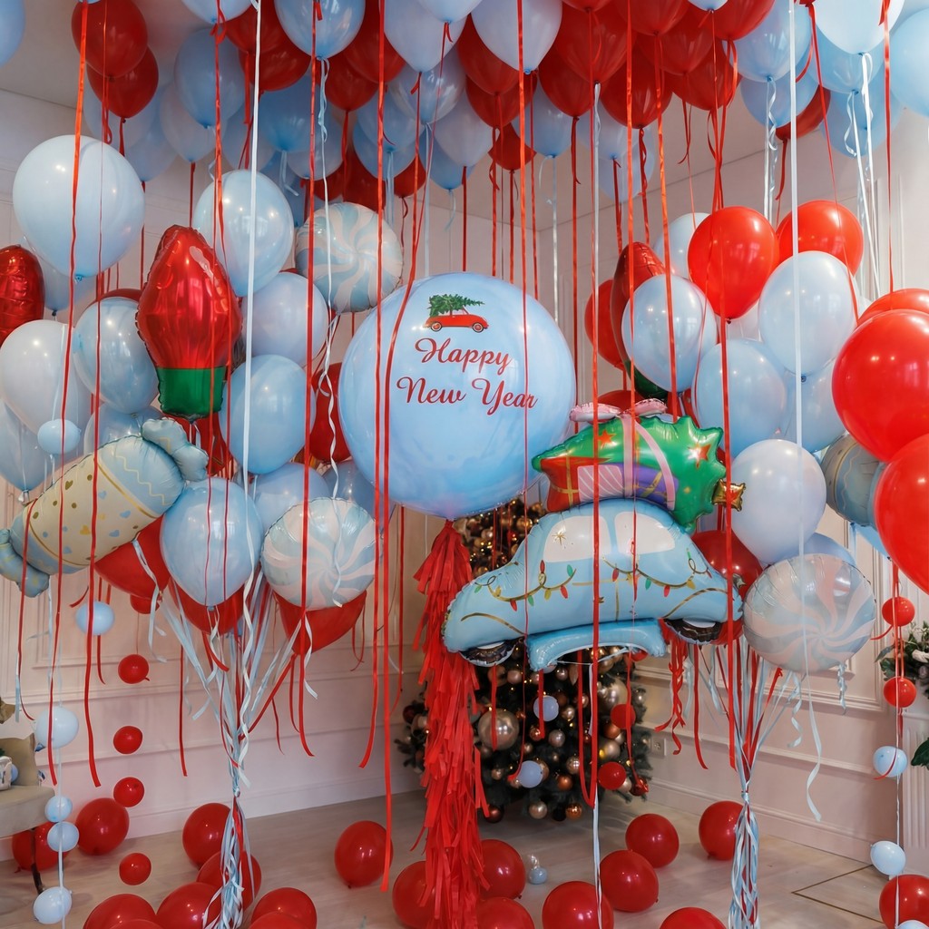 A playful New Year setup with bright red and blue balloons, festive ribbons, and a cute holiday car loaded with gifts. Fun, cheerful, and full of celebration energy -the perfect backdrop for kids’ parties, family photos, and joyful winter moments.
