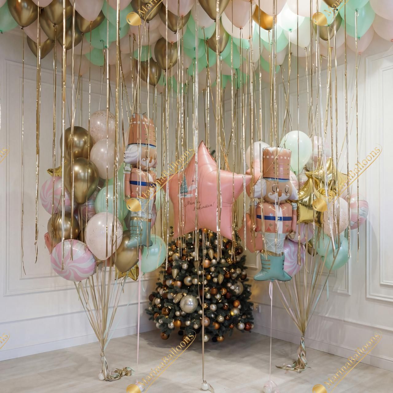 A soft pastel Christmas setup featuring floating ceiling balloons, golden ribbons, and adorable Nutcracker characters. Delicate, magical, and full of holiday charm - the perfect backdrop for kids’ celebrations, family photos, and festive winter events.