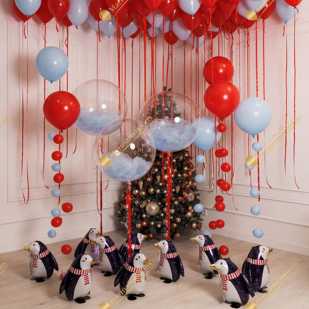 A cheerful Christmas setup filled with playful penguins, festive candy-cane balloons, shimmering clear spheres, and a ceiling of bright red ribbons. Fun, warm, and full of holiday spirit - the perfect scene for kids’ parties, family photos, and joyful winter celebrations.