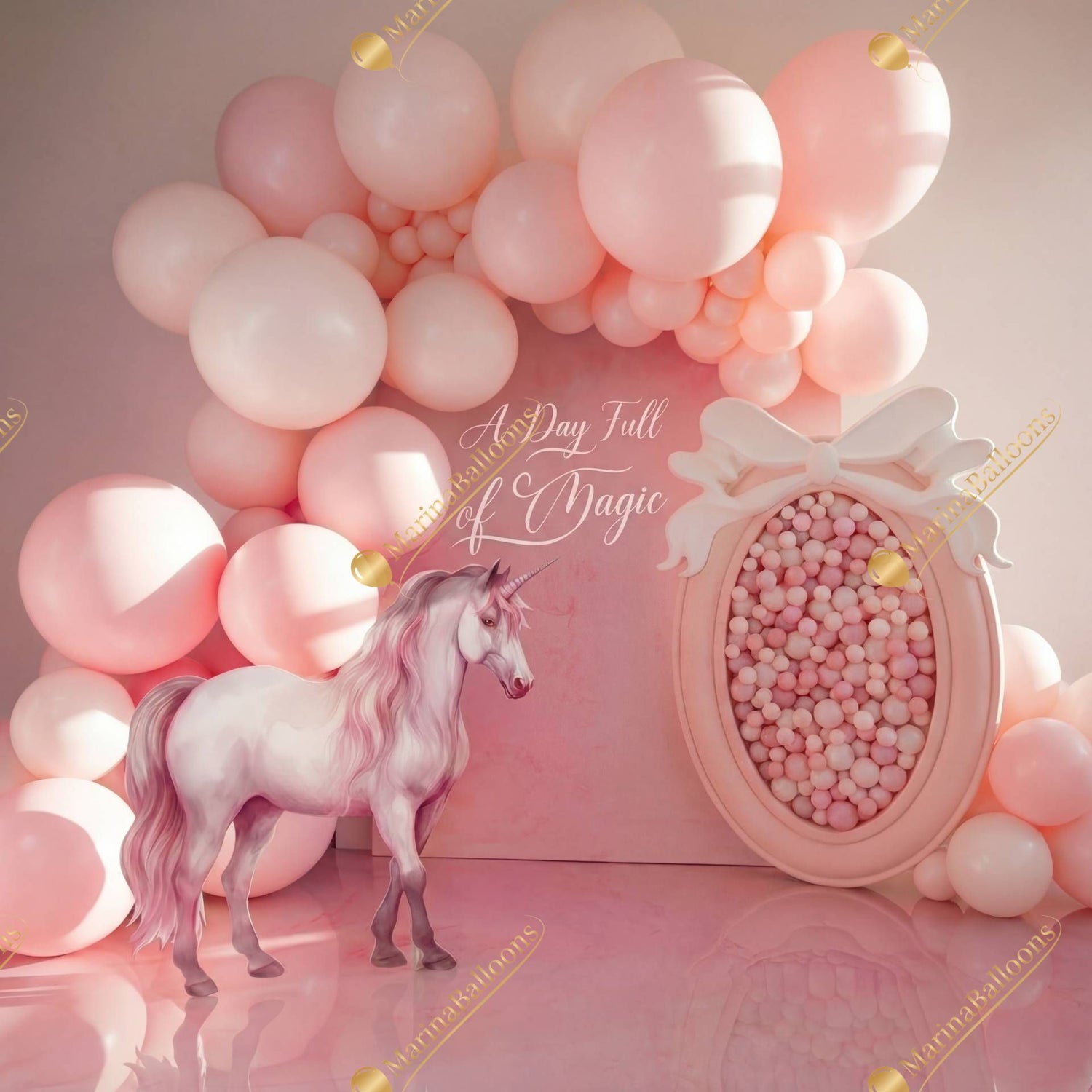 A soft pink magical setup with dreamy balloons and a graceful unicorn - the perfect backdrop for a fairytale birthday.