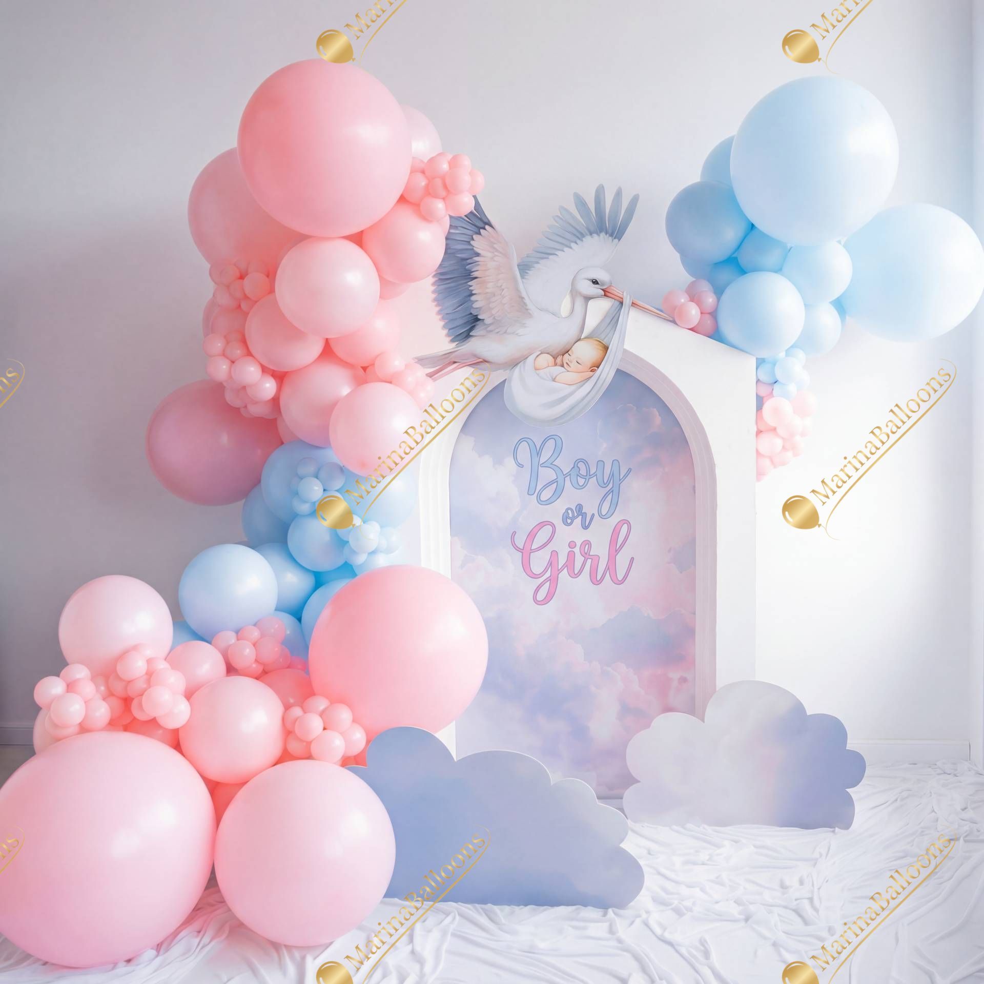 A tender pastel setup with pink and blue balloons, dreamy clouds, and a stork -an adorable backdrop for a gender reveal celebration.