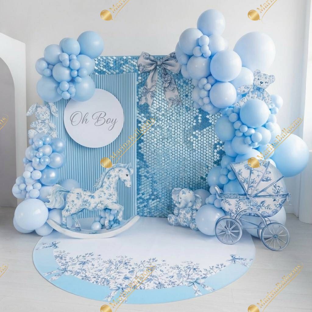 
A charming baby blue setup with elegant patterns, a rocking horse, and balloon clusters - the perfect backdrop for welcoming a baby boy.
