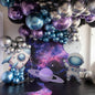 A vibrant space-themed setup with metallic balloons, a galaxy backdrop, planets, a rocket, and a cute astronaut - the perfect photo zone for a space-loving kids birthday.