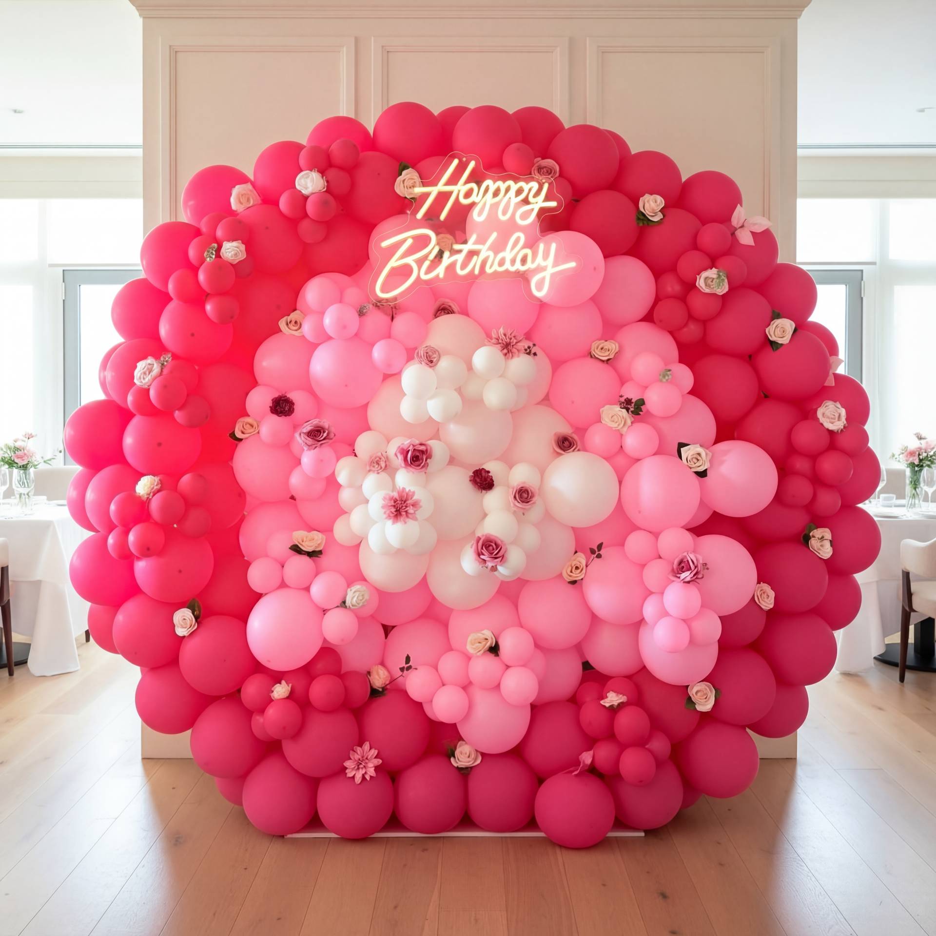 A vibrant pink balloon flower wall with floral accents - a stunning centerpiece for any birthday celebration.