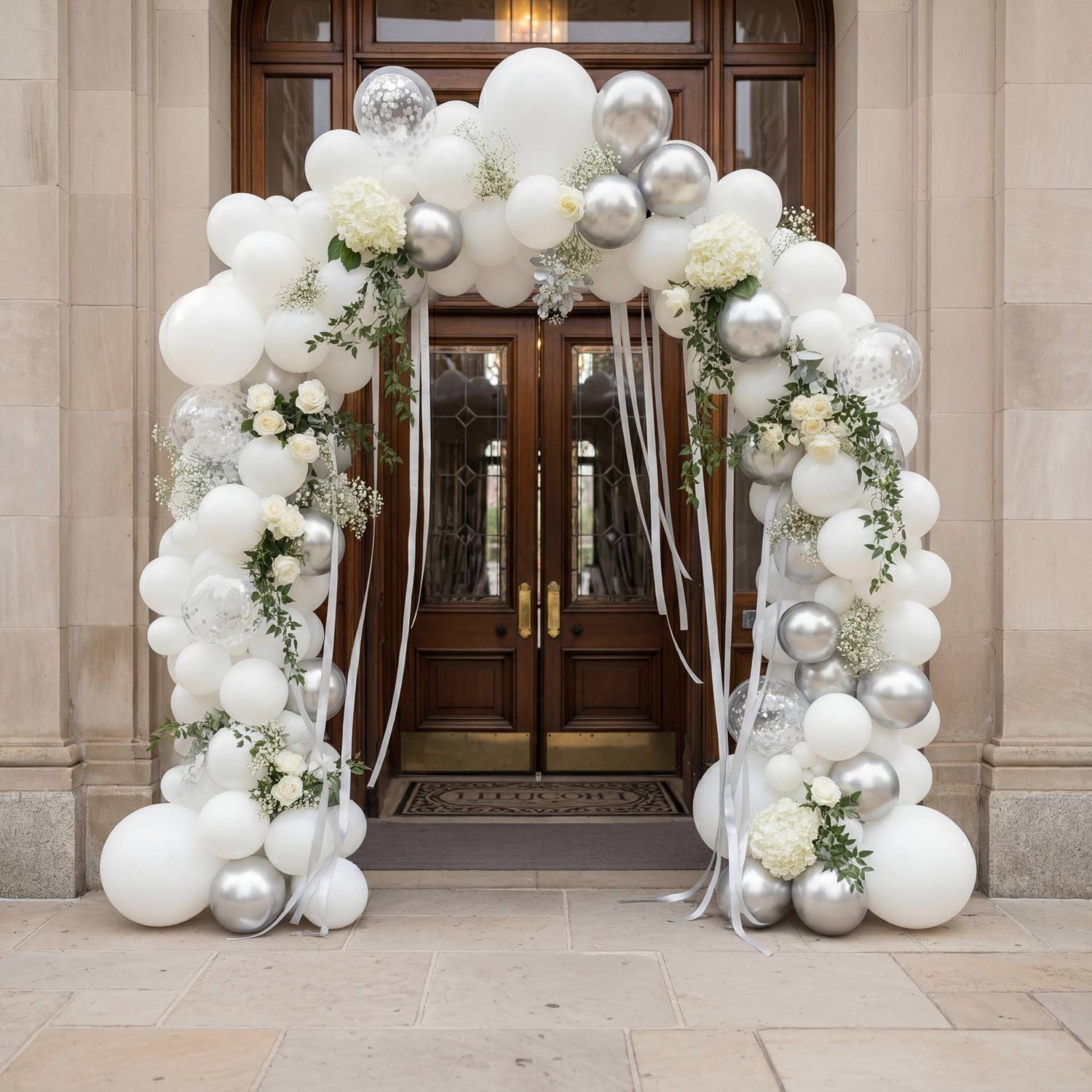 A bold silver-and-white balloon installation for storefronts - a fresh, high-impact look that draws attention and boosts foot traffic.