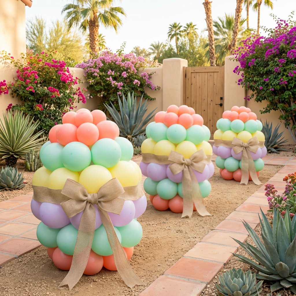 Pastel Easter balloon installation in pinks, lavenders, and mint for an LA Easter brunch