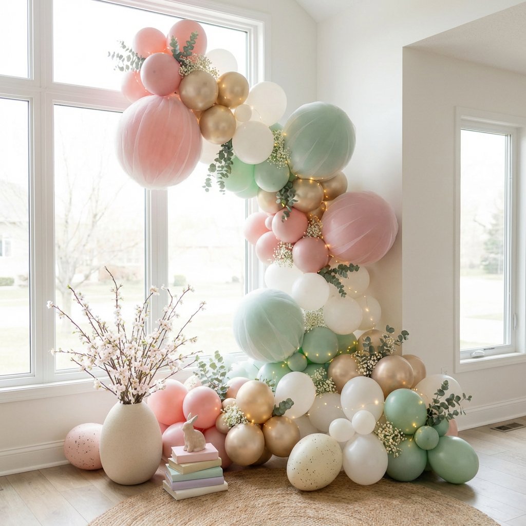 Floral Easter balloon installation in blush and pastel greens for an LA spring shower