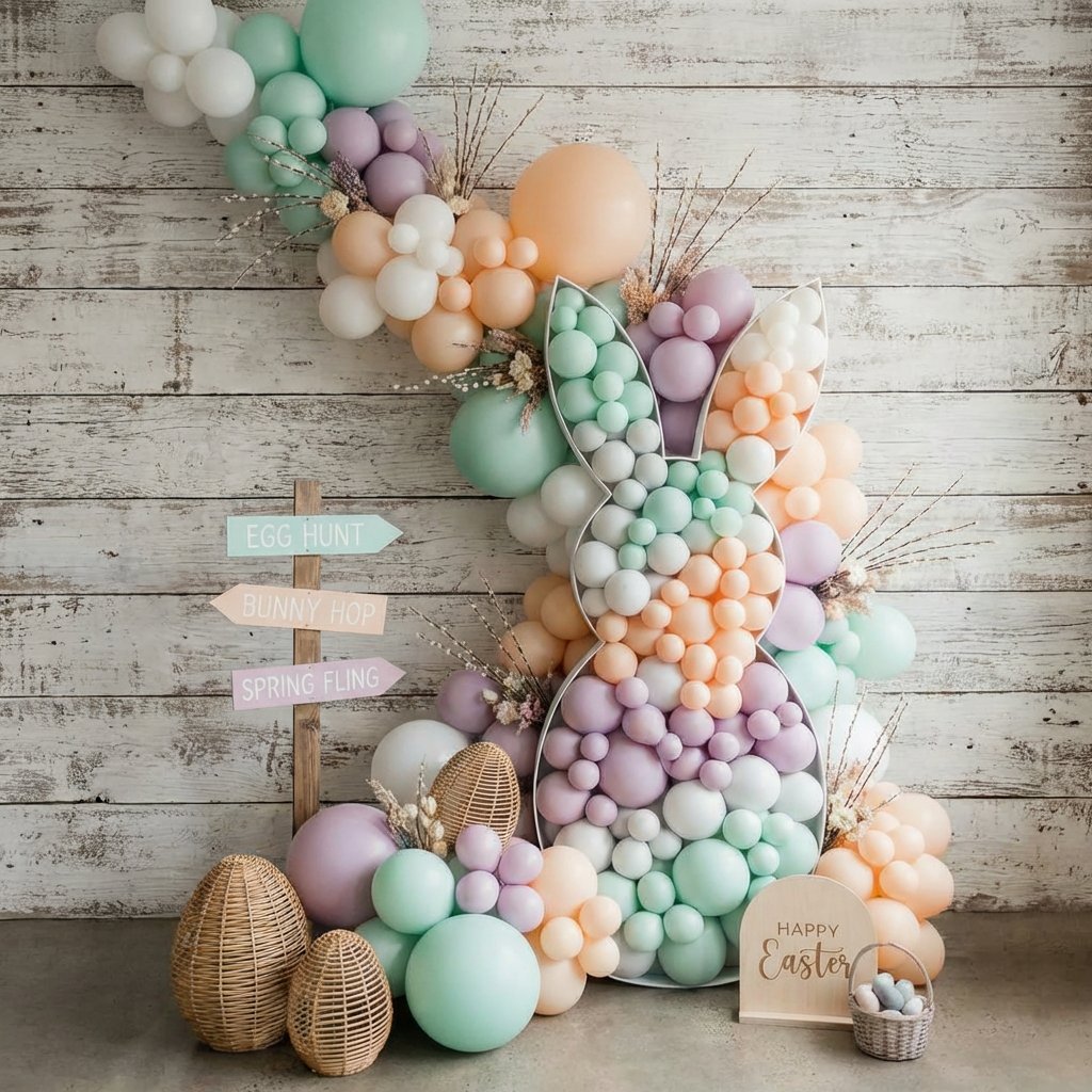 Easter balloon installation in spring pastels with bunny accents for an LA kids' party