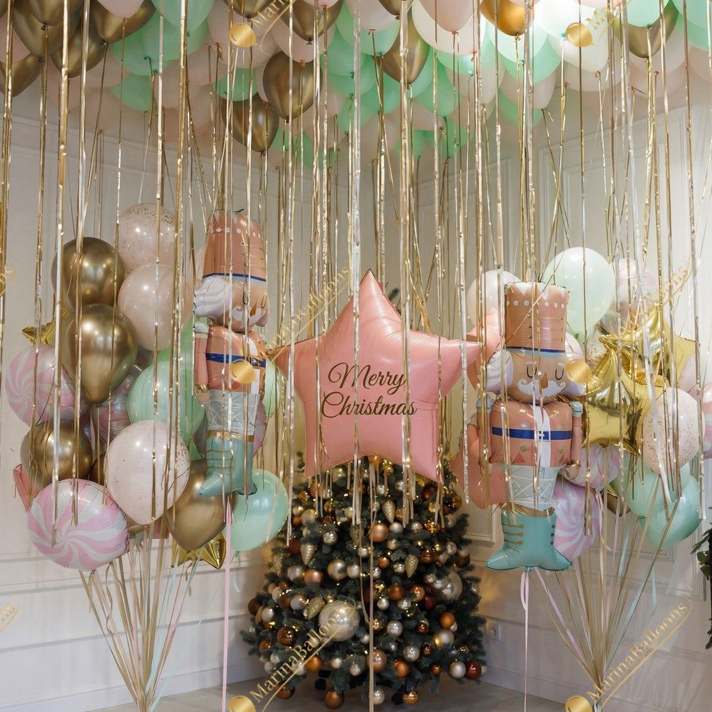 A soft pastel Christmas setup featuring floating ceiling balloons, golden ribbons, and adorable Nutcracker characters. Delicate, magical, and full of holiday charm - the perfect backdrop for kids’ celebrations, family photos, and festive winter events.