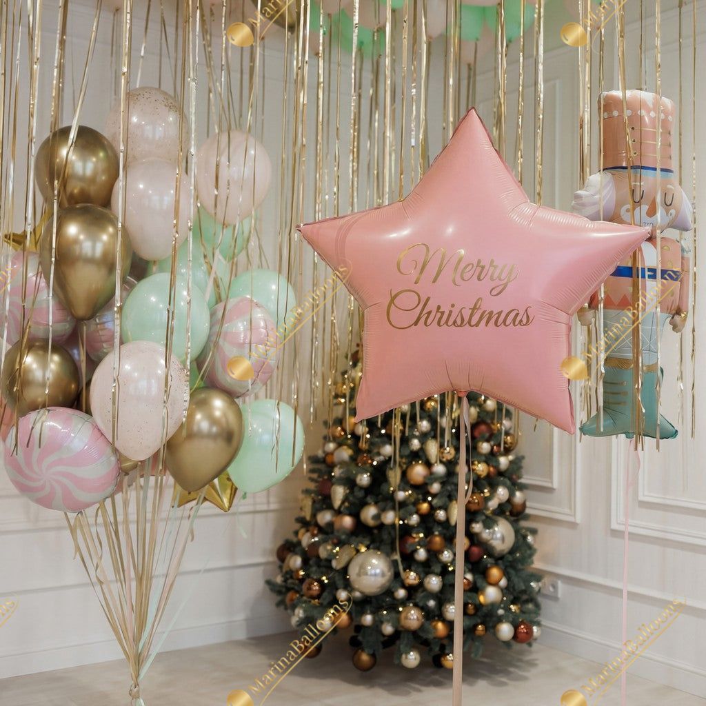 A soft pastel Christmas setup featuring floating ceiling balloons, golden ribbons, and adorable Nutcracker characters. Delicate, magical, and full of holiday charm - the perfect backdrop for kids’ celebrations, family photos, and festive winter events.