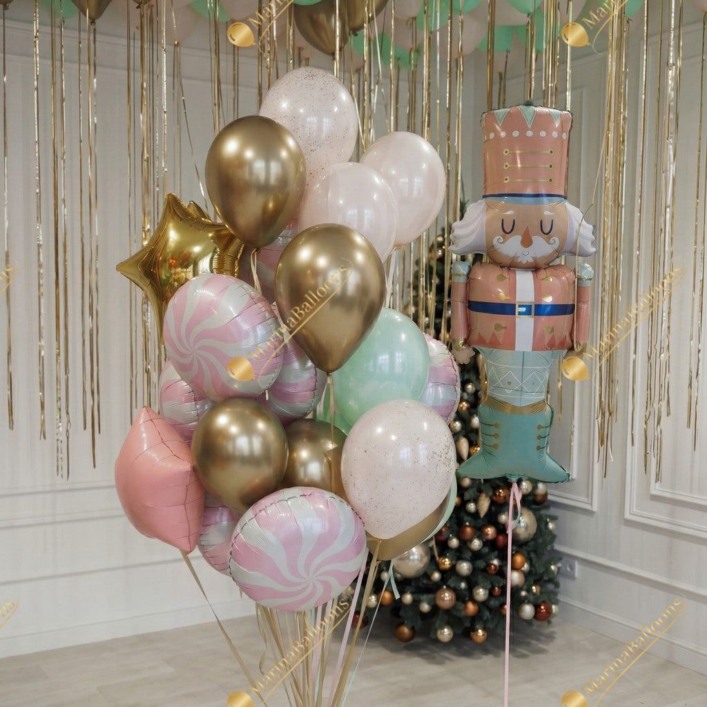 A soft pastel Christmas setup featuring floating ceiling balloons, golden ribbons, and adorable Nutcracker characters. Delicate, magical, and full of holiday charm - the perfect backdrop for kids’ celebrations, family photos, and festive winter events.
