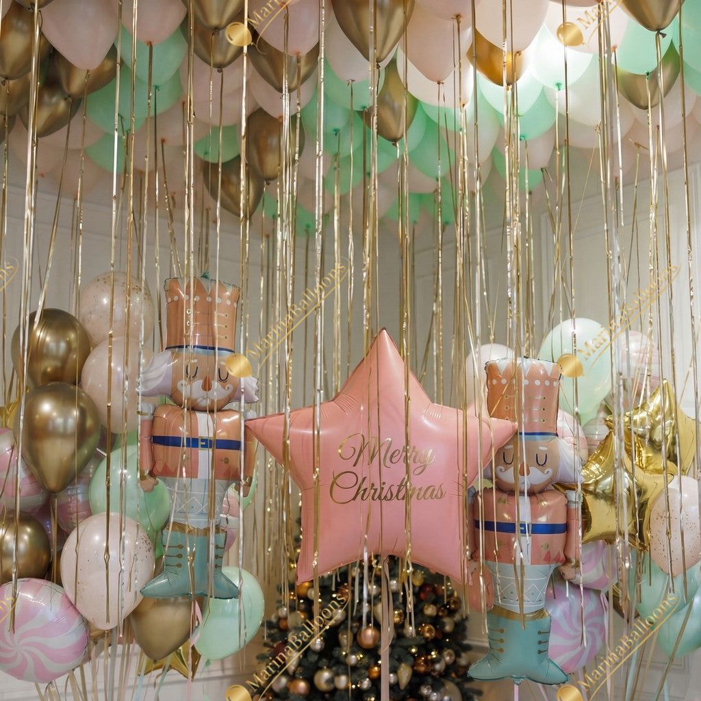 A soft pastel Christmas setup featuring floating ceiling balloons, golden ribbons, and adorable Nutcracker characters. Delicate, magical, and full of holiday charm - the perfect backdrop for kids’ celebrations, family photos, and festive winter events.