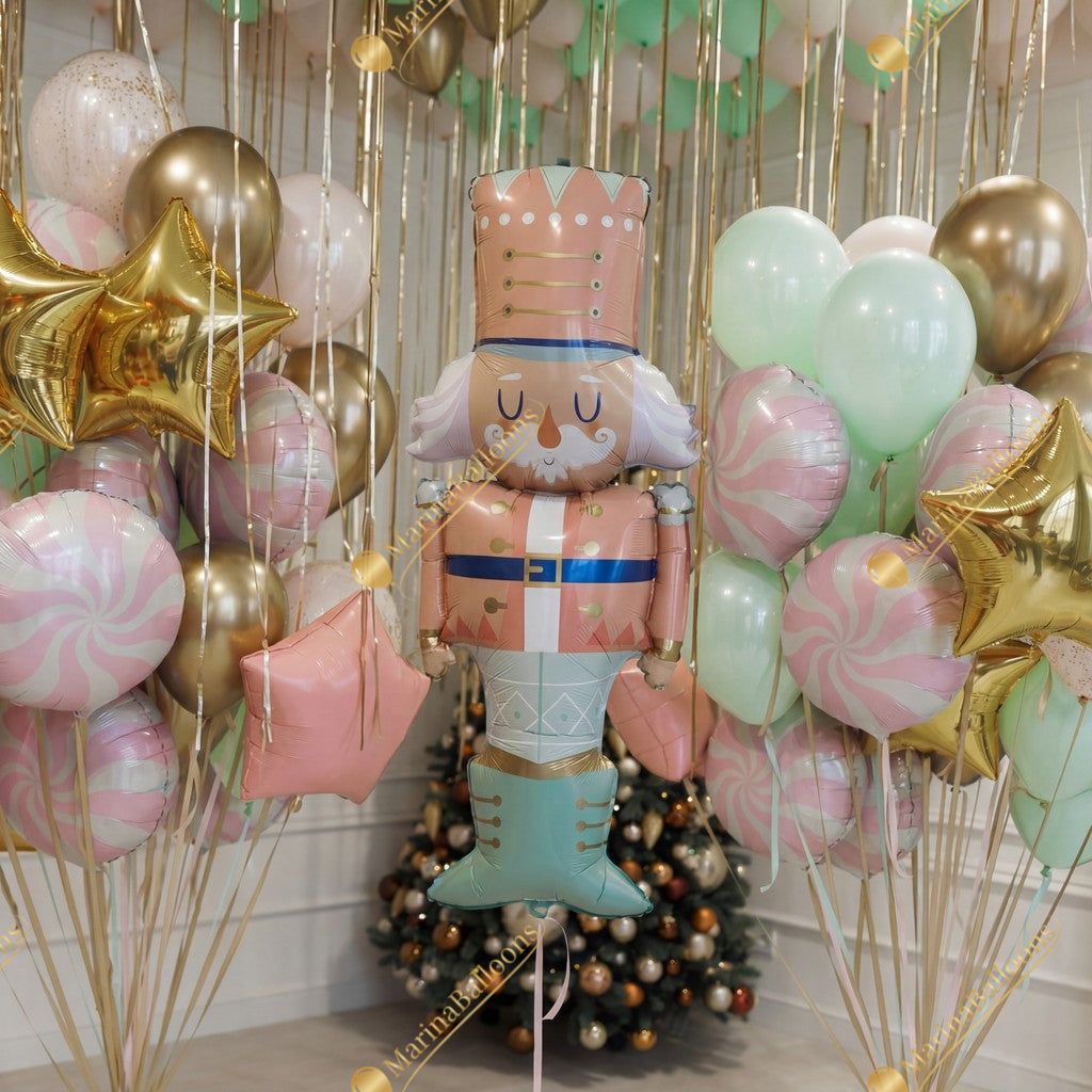 A soft pastel Christmas setup featuring floating ceiling balloons, golden ribbons, and adorable Nutcracker characters. Delicate, magical, and full of holiday charm - the perfect backdrop for kids’ celebrations, family photos, and festive winter events.