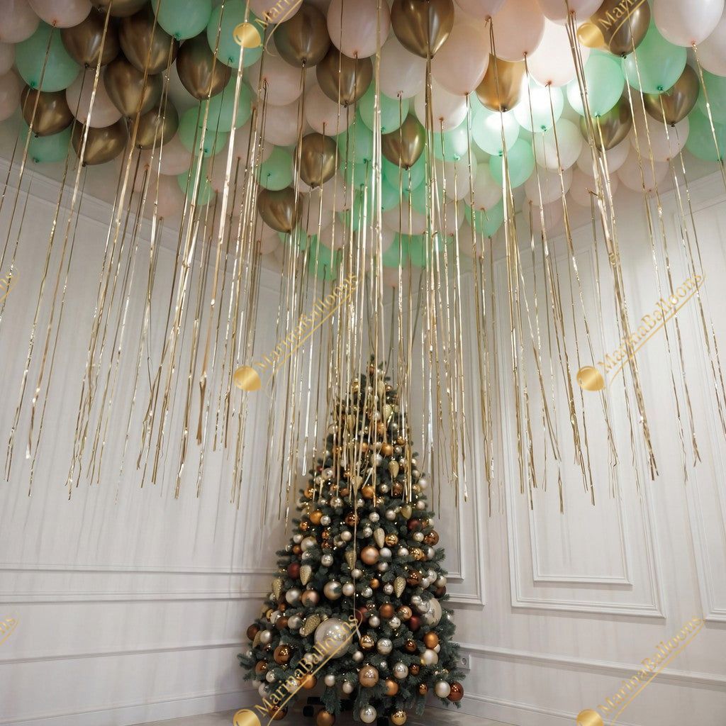 A soft pastel Christmas setup featuring floating ceiling balloons, golden ribbons, and adorable Nutcracker characters. Delicate, magical, and full of holiday charm - the perfect backdrop for kids’ celebrations, family photos, and festive winter events.