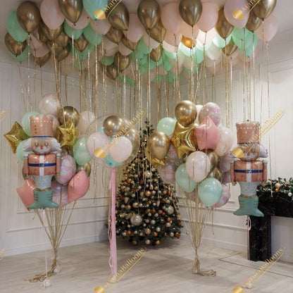 A soft pastel Christmas setup featuring floating ceiling balloons, golden ribbons, and adorable Nutcracker characters. Delicate, magical, and full of holiday charm - the perfect backdrop for kids’ celebrations, family photos, and festive winter events.