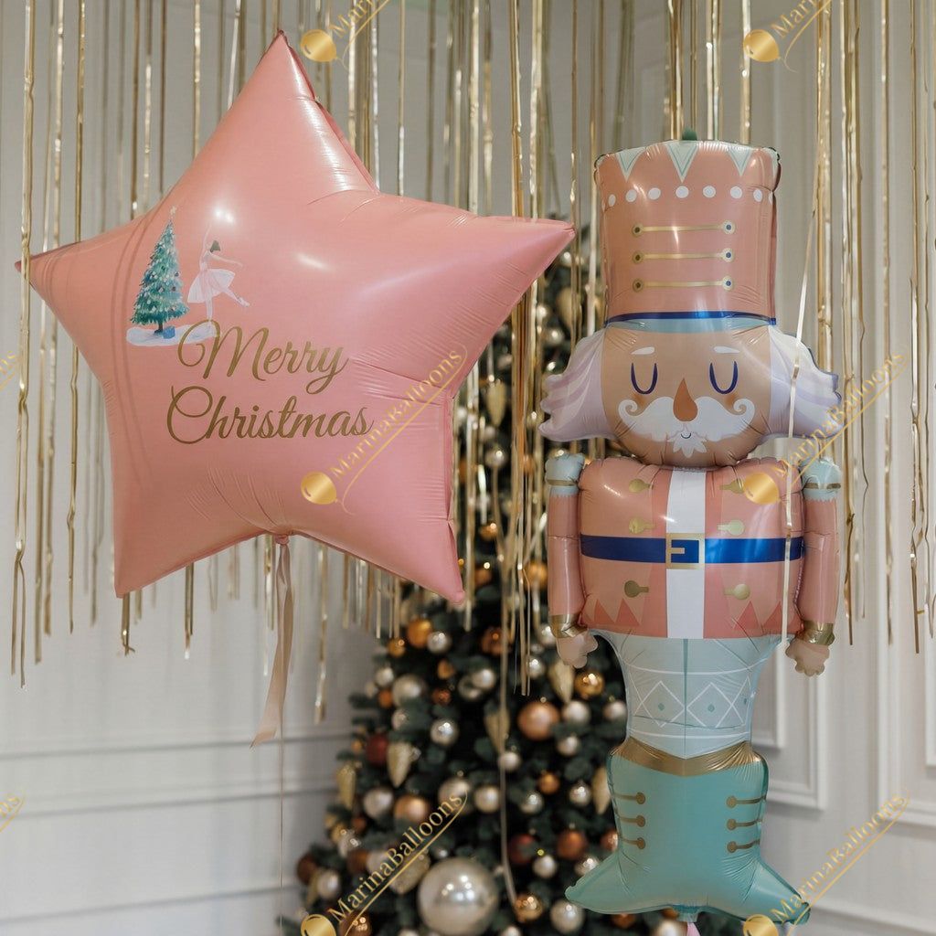 A soft pastel Christmas setup featuring floating ceiling balloons, golden ribbons, and adorable Nutcracker characters. Delicate, magical, and full of holiday charm - the perfect backdrop for kids’ celebrations, family photos, and festive winter events.