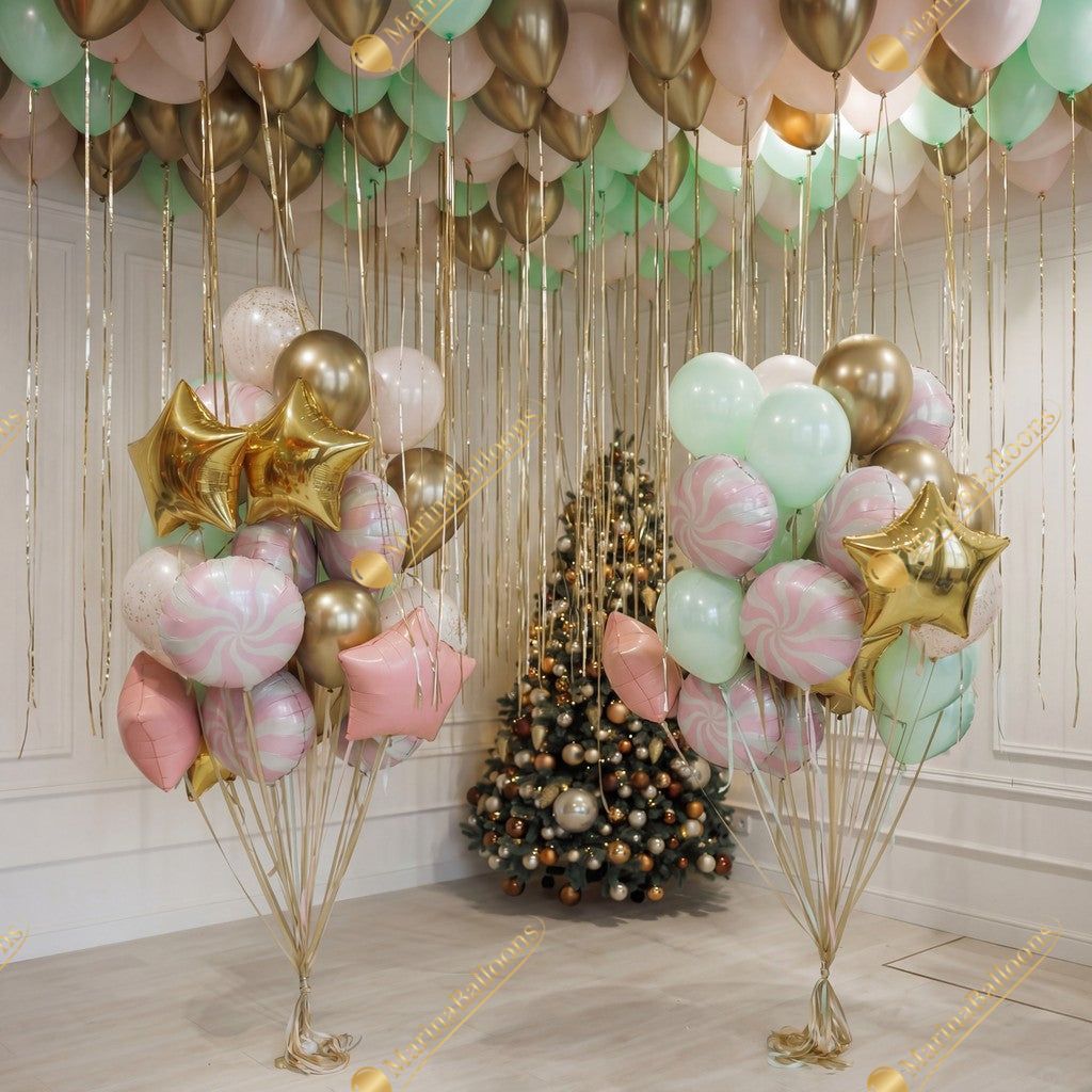 A soft pastel Christmas setup featuring floating ceiling balloons, golden ribbons, and adorable Nutcracker characters. Delicate, magical, and full of holiday charm - the perfect backdrop for kids’ celebrations, family photos, and festive winter events.