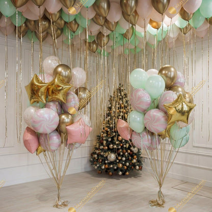 A soft pastel Christmas setup featuring floating ceiling balloons, golden ribbons, and adorable Nutcracker characters. Delicate, magical, and full of holiday charm - the perfect backdrop for kids’ celebrations, family photos, and festive winter events.