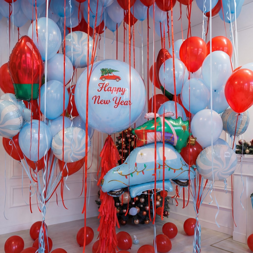 A playful New Year setup with bright red and blue balloons, festive ribbons, and a cute holiday car loaded with gifts. Fun, cheerful, and full of celebration energy - the perfect backdrop for kids’ parties, family photos, and joyful winter moments.